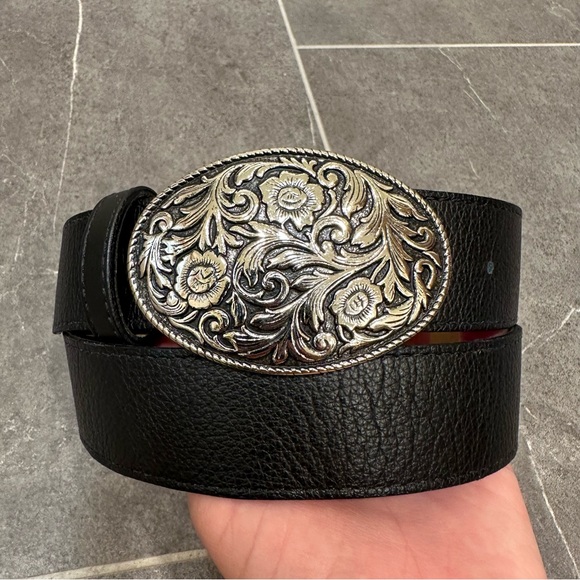 Black western belt silver tooled round oval buckle cowboy cowgirl leather elite - Picture 11 of 11